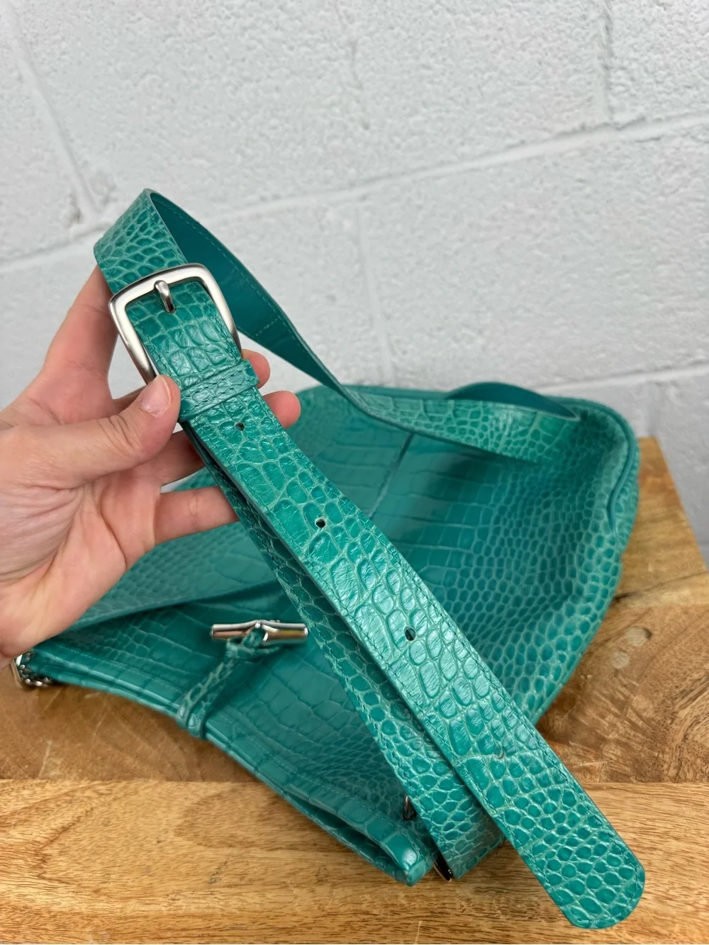 Longchamp Roseau Croc Embossed Leather Shoulder Bag Turquoise Teal France